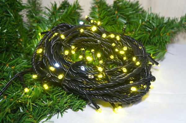 LED 100燈樹燈燈串-馬卡龍黃光+白單閃-黑線-220V(常亮)
