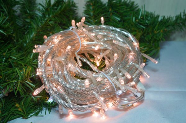 LED 100燈樹燈燈串-玫瑰金+白閃-透明線-220V(常亮)